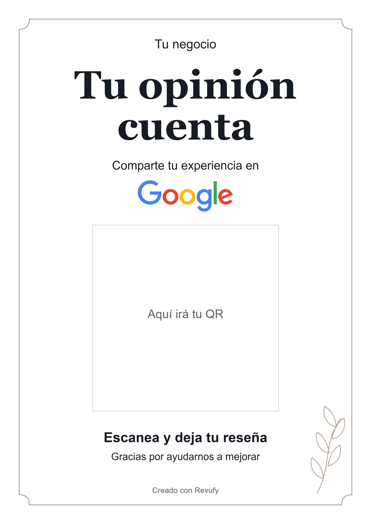 Plantilla Elegante de cartel de reseñas Google, marco arena y tipografía clásica