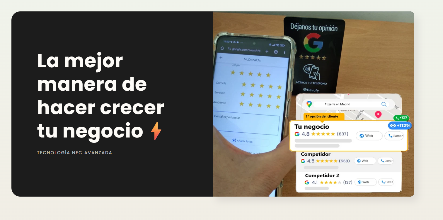 Stand NFC Revufy en uso junto a una comparativa visual de reputación en Google